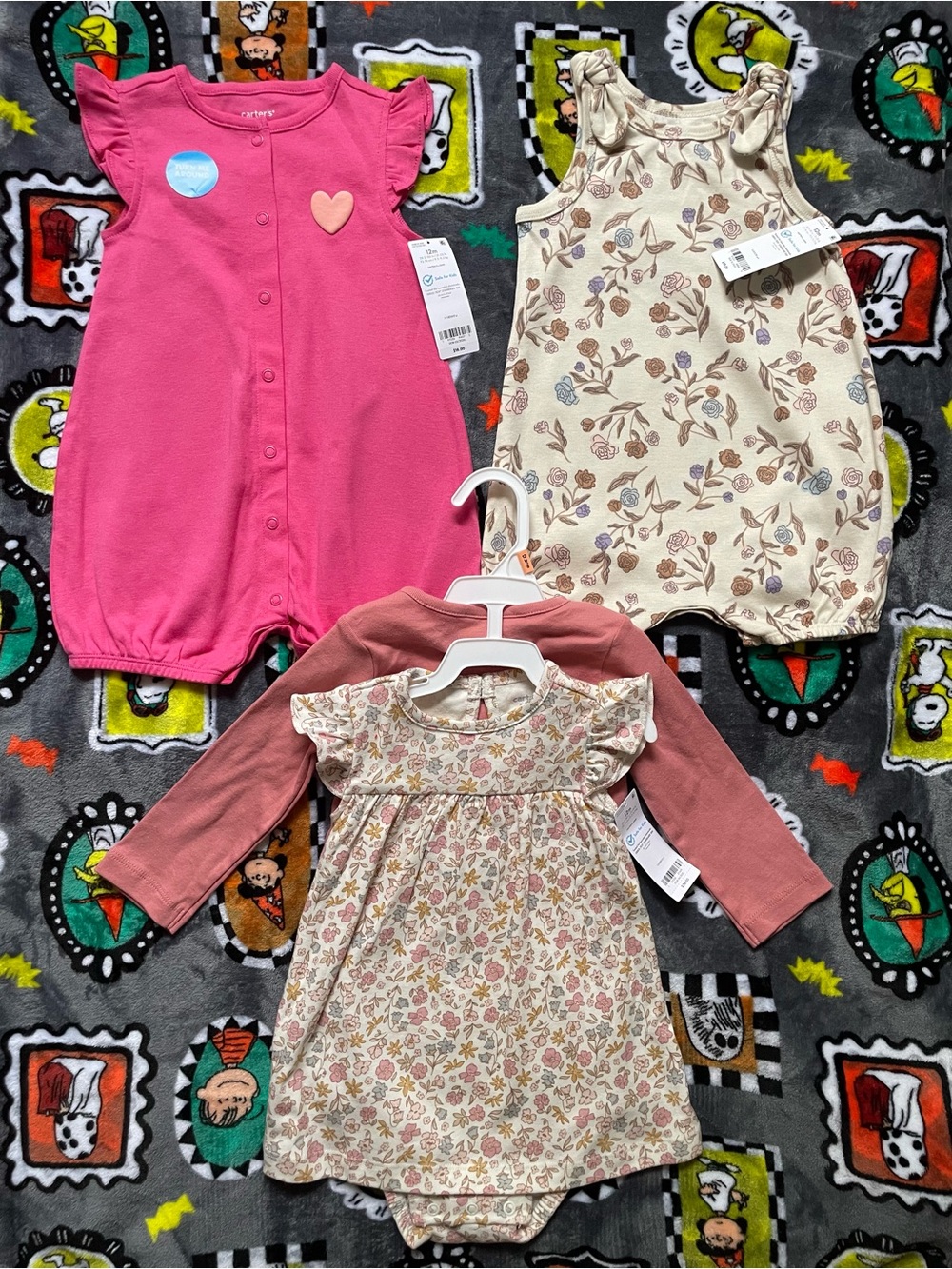 Carter's Cream Floral Knot-Shoulder Baby Romper, 2-Piece Set and Pink Romper 12M